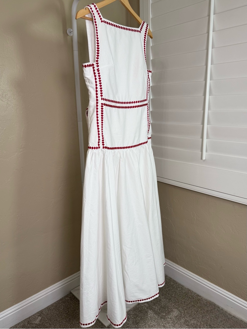 Commense White Red Heart Embroidered Trim Cotton Maxi Dress Medium NWT Tie Back - Picture 5 of 12